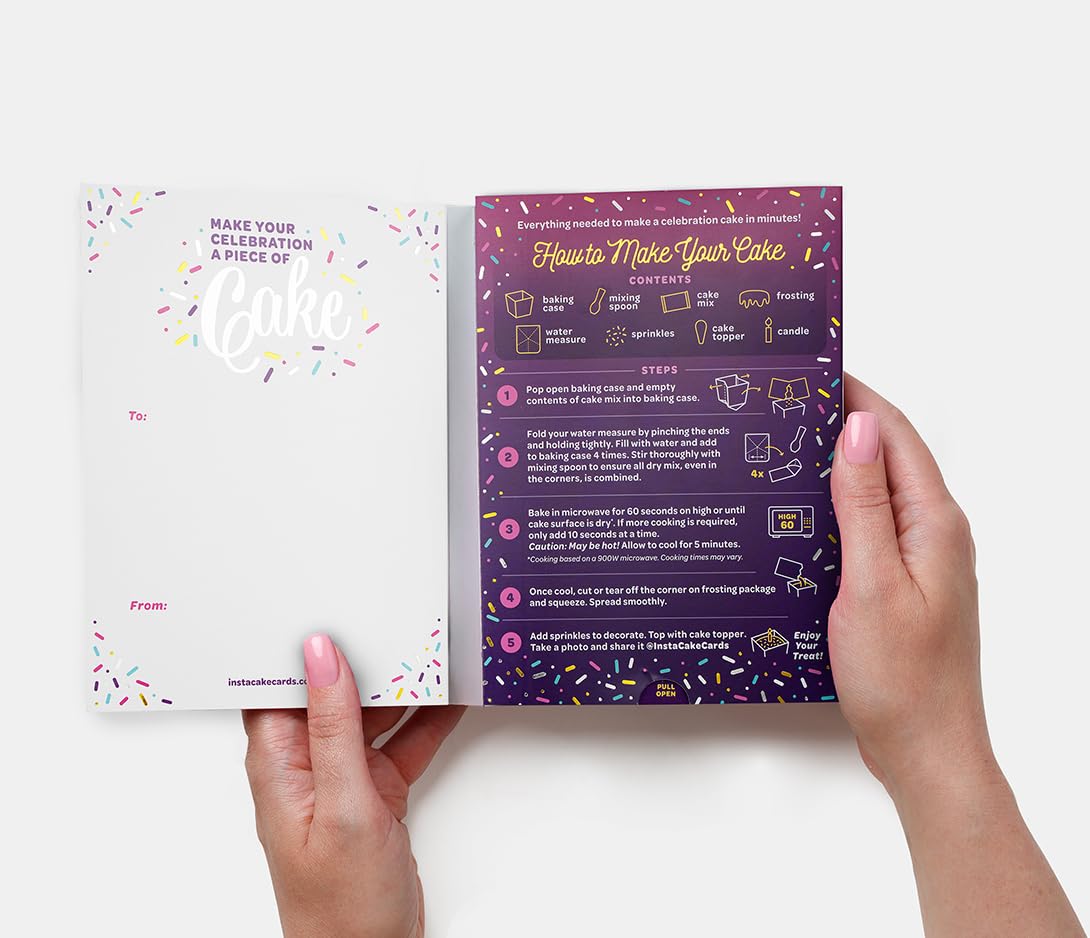 Hands holding an open Instacake Cards card showing cake in a card gift instructions and decoration details