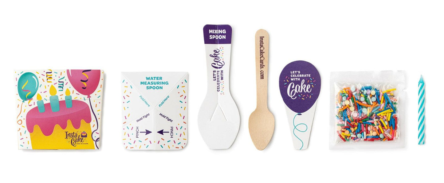 Instacake Cards unique birthday gift card set with cake design, spoons, candle, and sprinkles