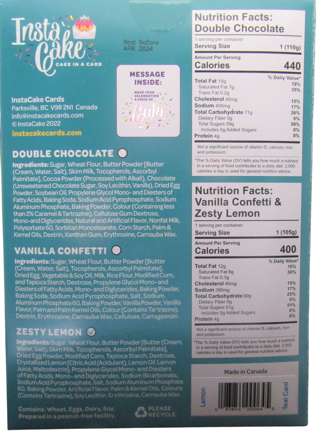 Unique birthday gift card by Instacake Cards featuring double chocolate and vanilla confetti flavors with nutritional facts