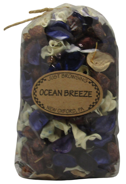 Just Browsing ocean breeze potpourri bowl filler in clear bag with blue and white dried petals and natural spice accents