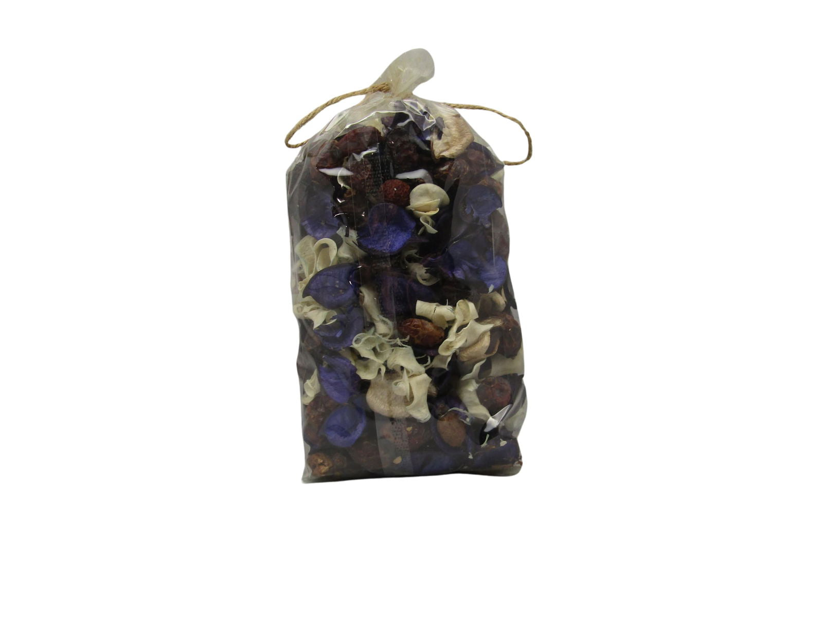 Clear organza bag of mixed purple and cream petals and botanicals for home scent ocean breeze potpourri bowl filler