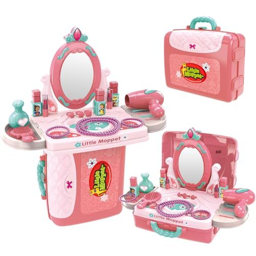 Family Games America kids carrycase play set with pink vanity mirror, toy hairdryer, and pretend beauty accessories