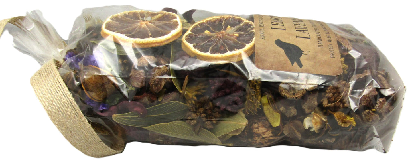 Lemon lavender potpourri in clear bag with dried citrus slices and natural botanicals from Shoots Roots Leather Boots