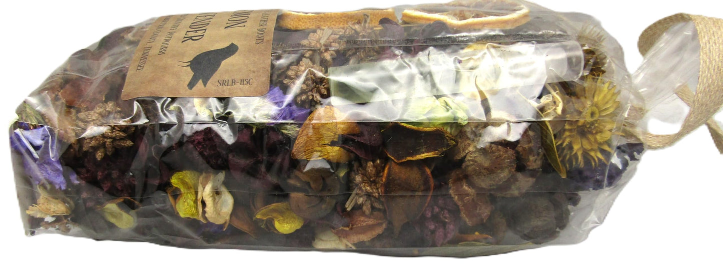 Shoots Roots Leather Boots lemon lavender potpourri in a clear bag with dried flowers and herbs