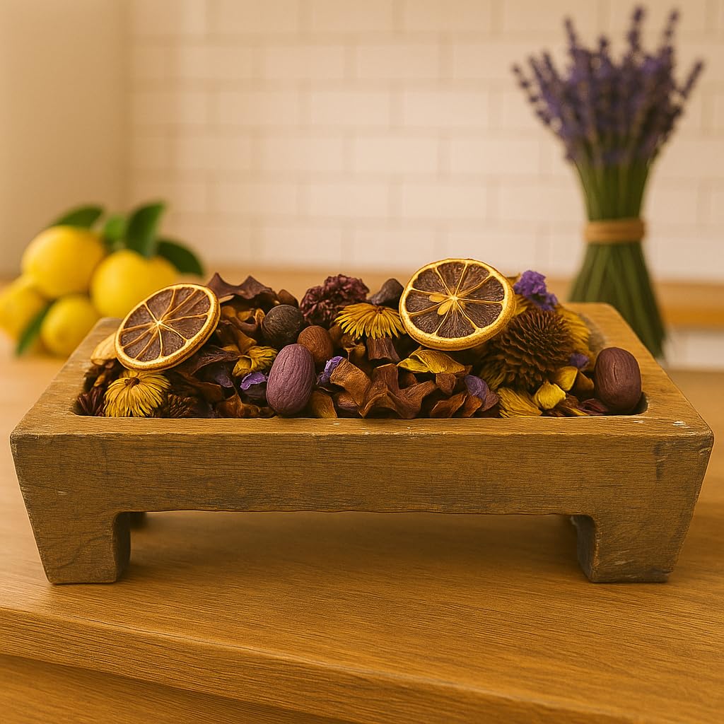 Wooden tray filled with lemon lavender potpourri featuring dried lemon slices and purple lavender buds
