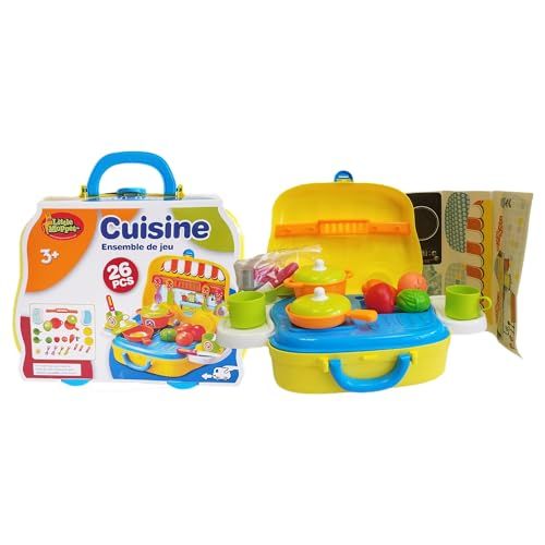 Family Games America kids kitchen play set with 26 pieces including pots cups and toy food in a portable suitcase