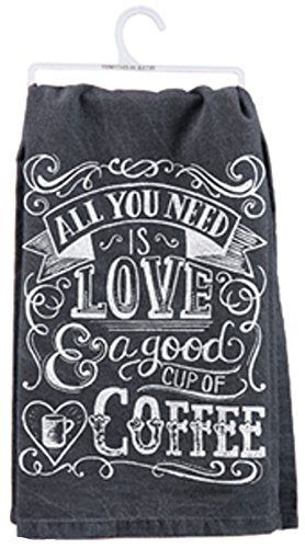 Primitives by Kathy love and coffee dish towel with black background and white decorative text design