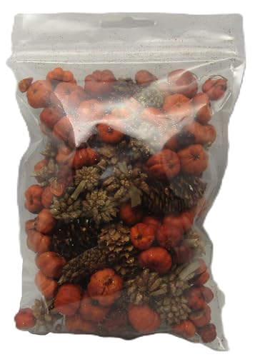 Decorative autumn bowl filler with small orange pumpkins and pinecones in a clear resealable bag