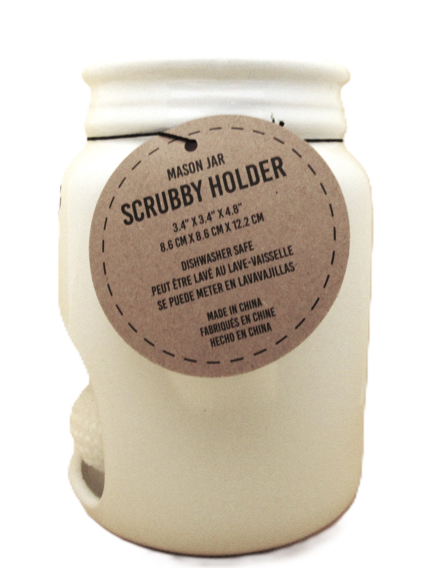 Home Essentials white mason jar kitchen sink scrubby holder with dishwasher safe label