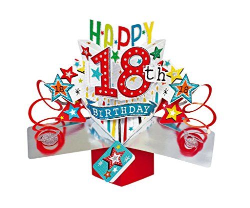 Second Nature Pop Ups 18th birthday pop up card featuring large red 18 colorful stars Happy Birthday banner and red ribbon curls
