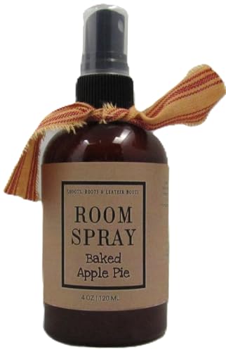 Brown 4 oz spray bottle with ribbon labeled Baked Apple Pie Potpourri Room Spray by Shoots Roots and Leather Boots