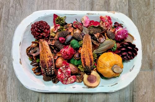 Harvest Thyme Potpourri in a white rustic tray with pine cones dried corn miniature pumpkin and colorful dried flowers