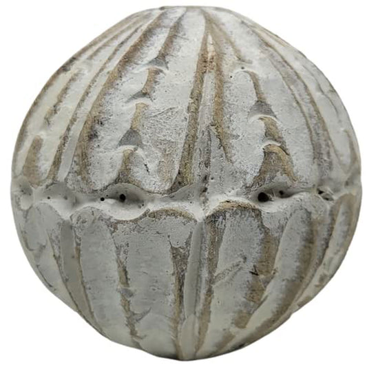 Rustic carved wooden decorative ball with textured grooves and weathered white finish from PD Home and Garden