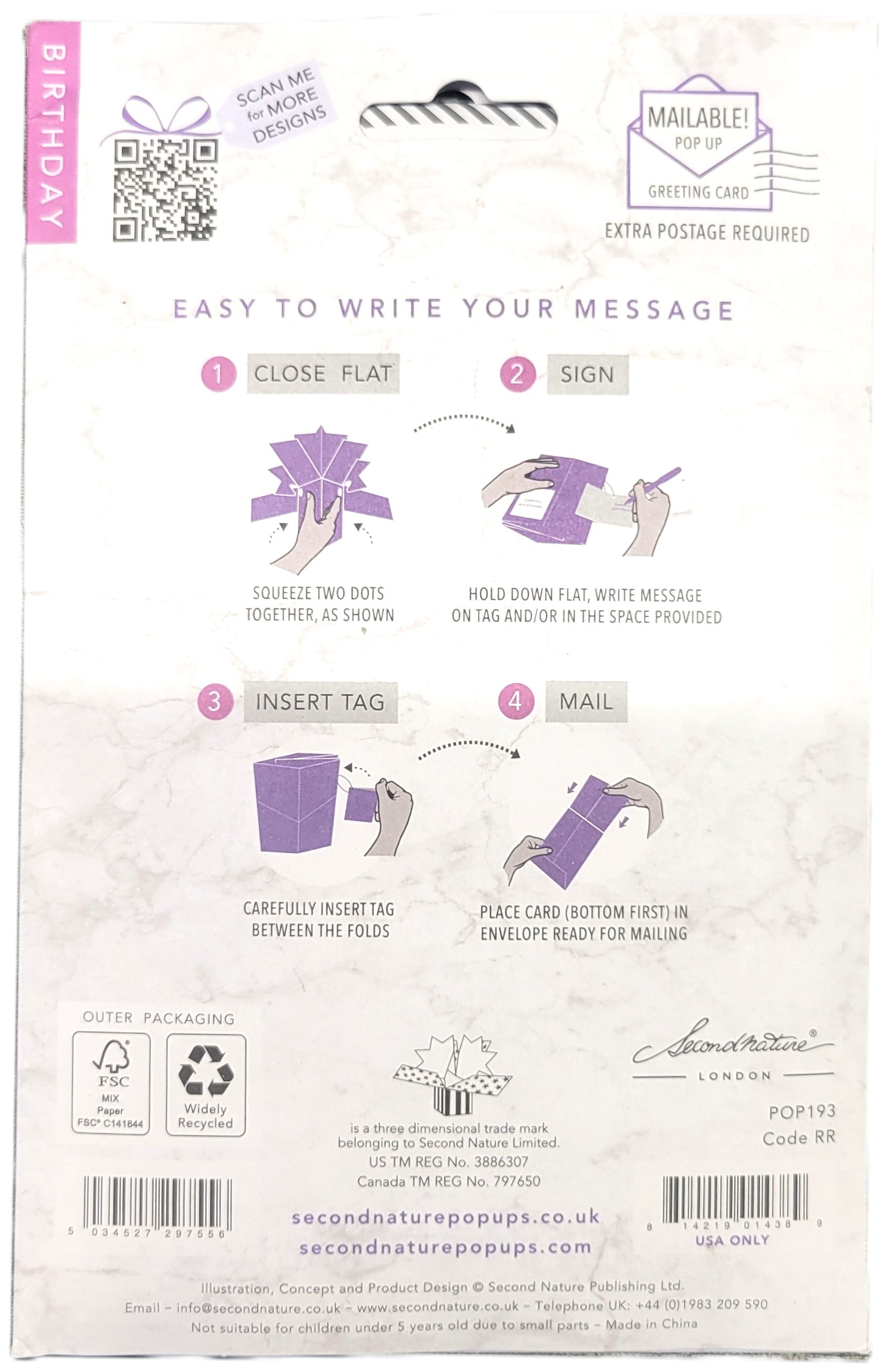 Back of 60th birthday pop up card for women with mailing and message instructions