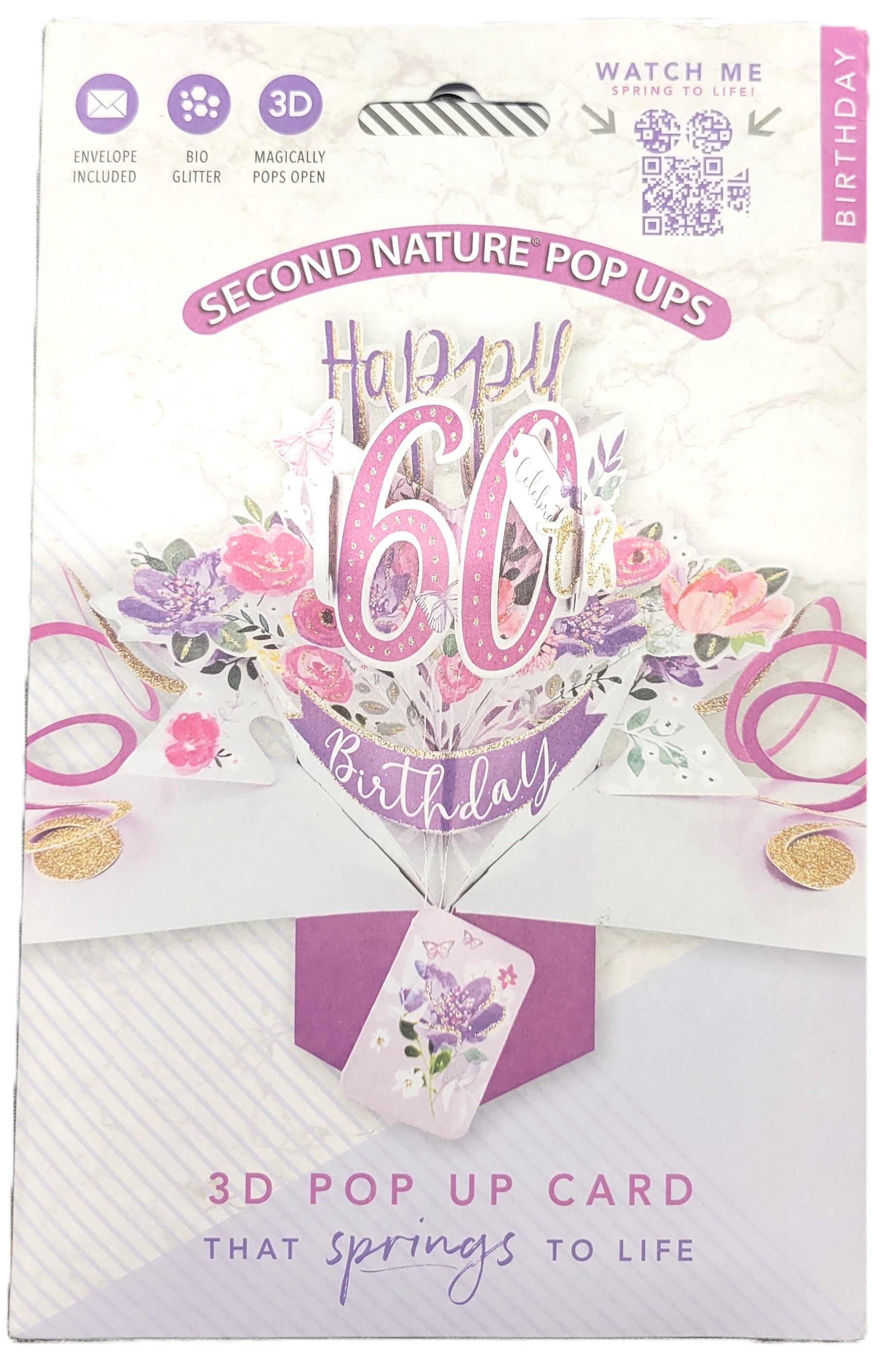 Second Nature Pop Ups 3D 60th birthday pop up card for women with floral design and glitter accents
