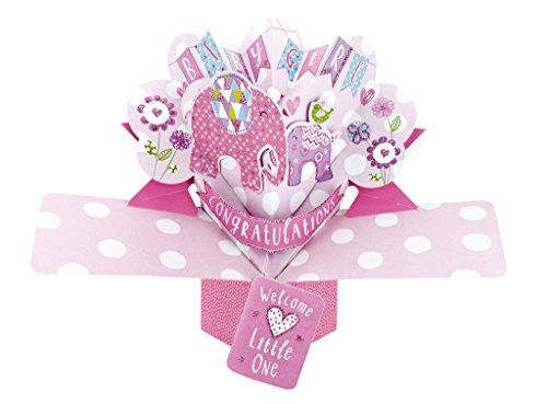 Second Nature Pop Ups baby girl pop up card with pink elephant flowers and congratulations banner