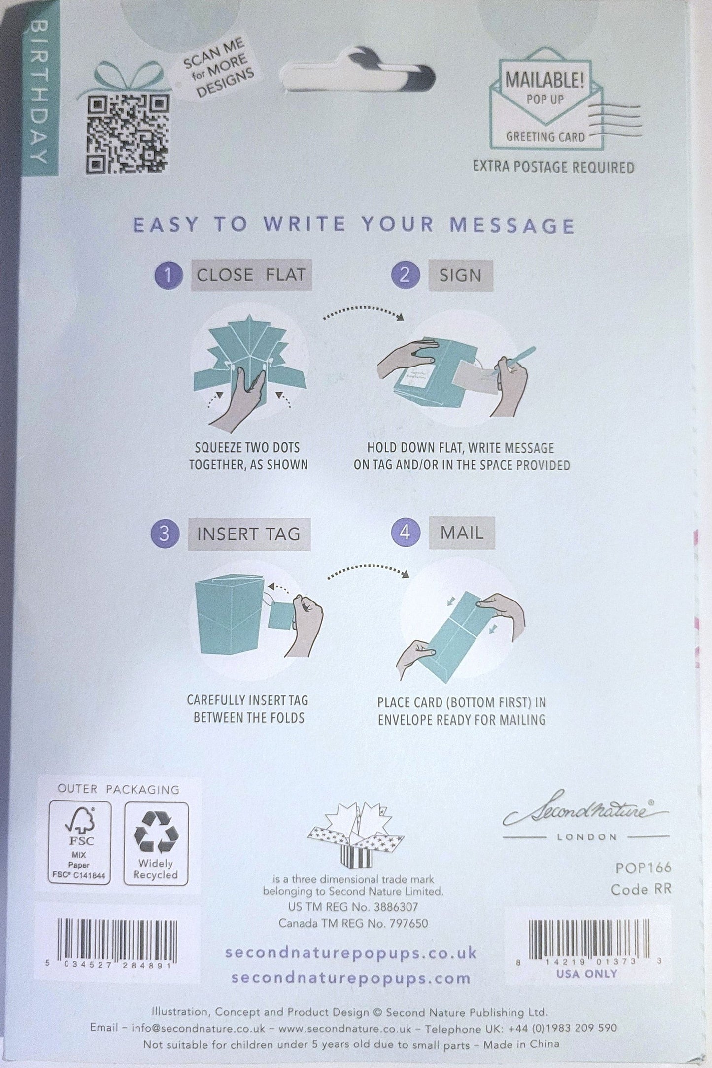 Back packaging of Second Nature Pop Ups 90th birthday pop up card with writing and mailing instructions