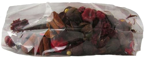 Clear bag of Cinnamon Potpourri with dried cinnamon sticks red petals pine cones and cloves