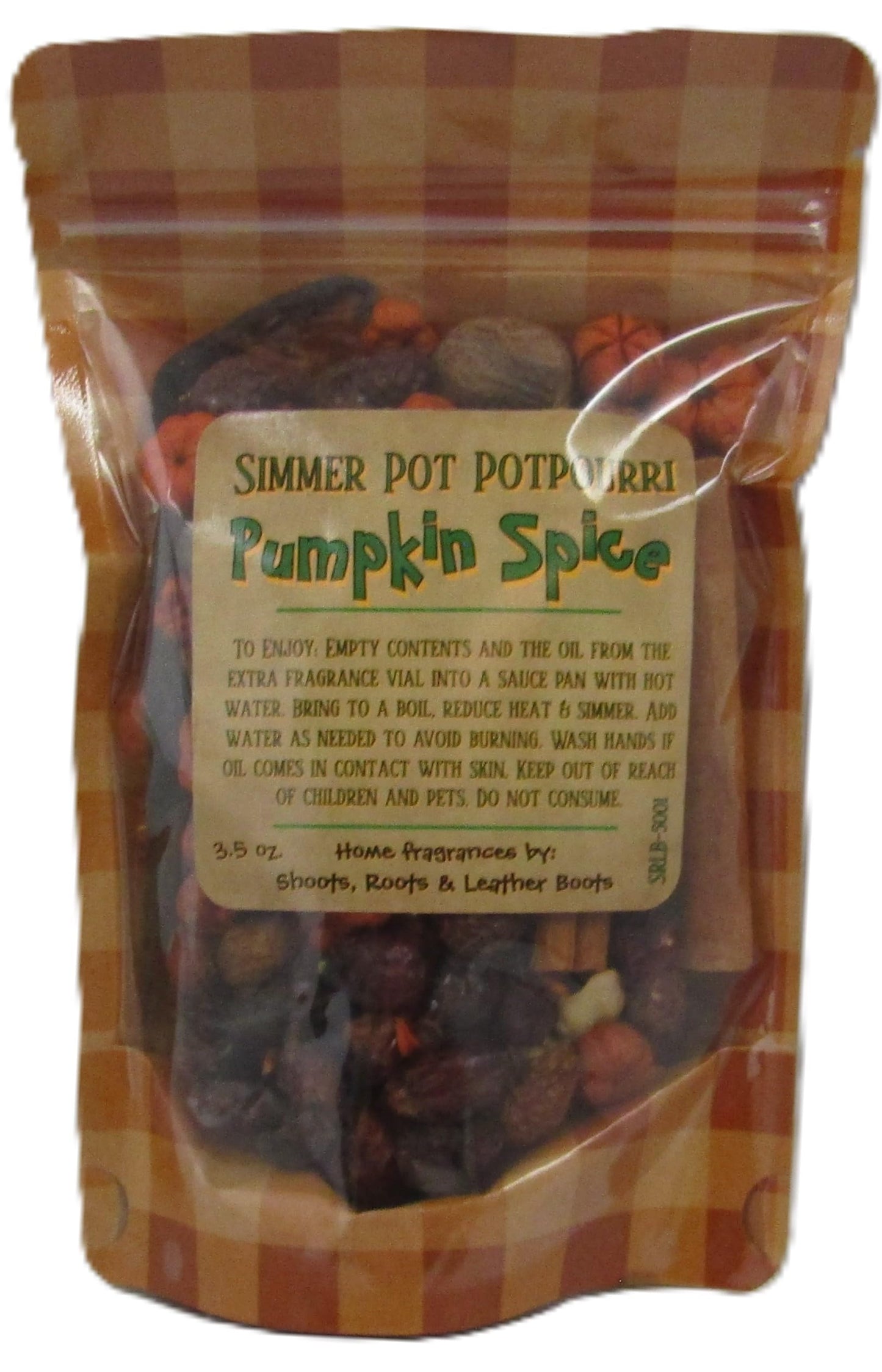 Resealable pouch of Pumpkin Spice Simmer Potpourri mix with dried botanicals cinnamon sticks and mini pumpkins