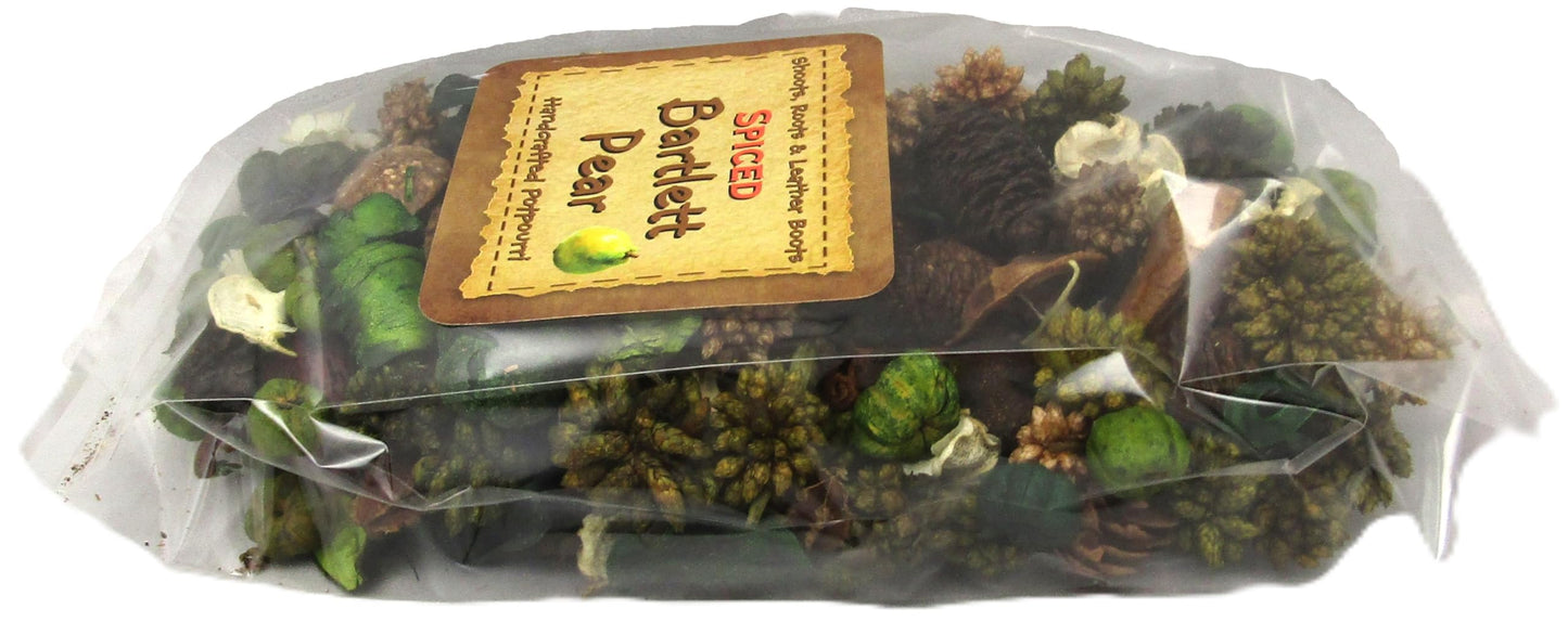 Shoots, Roots & Leather Boots spiced pear potpourri in a clear pack with natural decorative elements