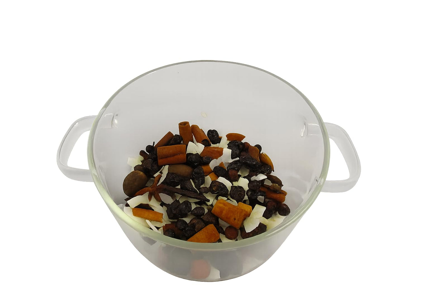 Clear bowl filled with spiced vanilla simmer potpourri including cinnamon sticks and fragrant spices