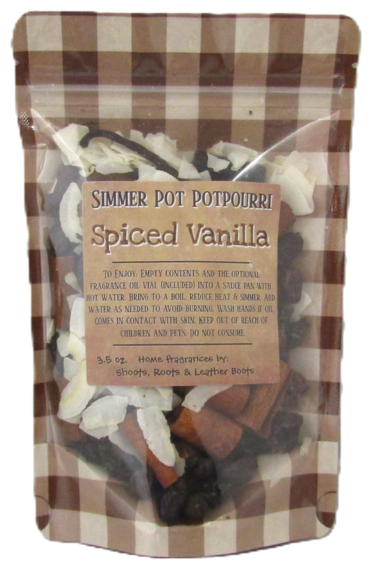 Spiced vanilla simmer potpourri by Shoots, Roots & Leather Boots in a resealable pouch with wood and spice pieces