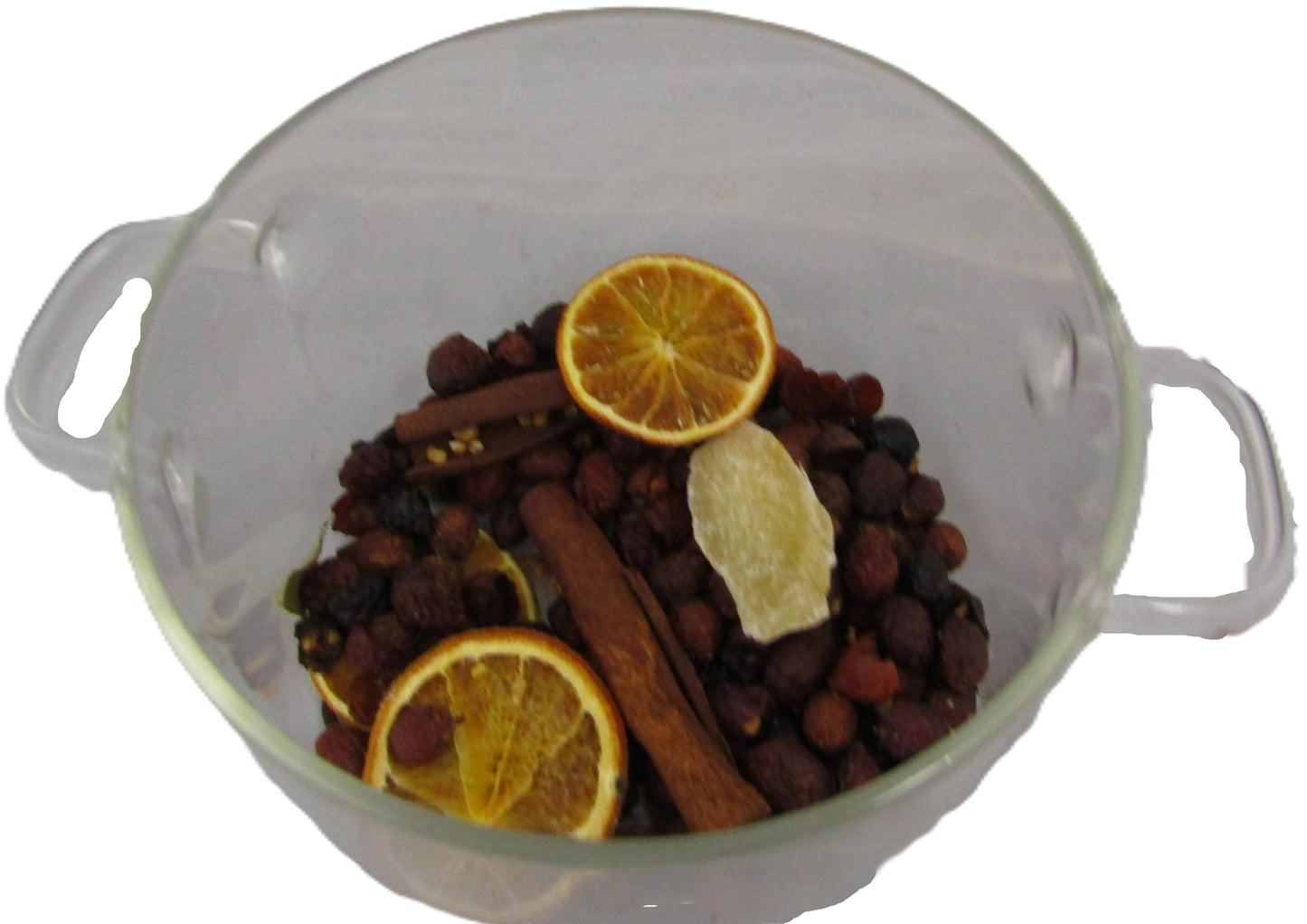 Glass bowl filled with natural ingredients for simmer pot potpourri with refresher oil