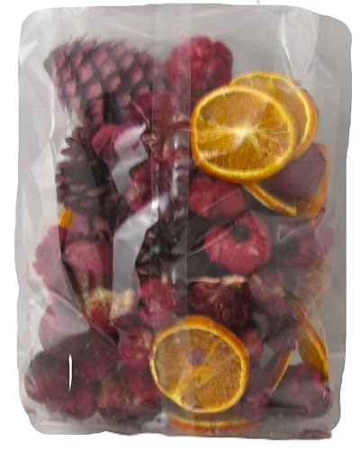 Cranberry Orange Potpourri in clear plastic bag with dried orange slices pine cones and red botanicals for holiday decor