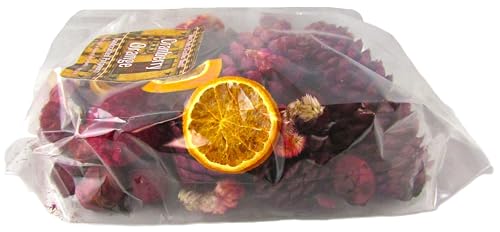 Clear plastic bag of dried petals pine cones and an orange slice labeled Cranberry Orange Potpourri for home scent