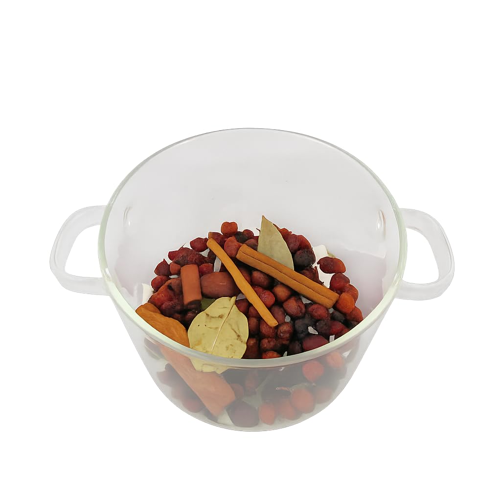 Spiced cranberry simmer potpourri mix in a clear glass pot for festive home fragrance