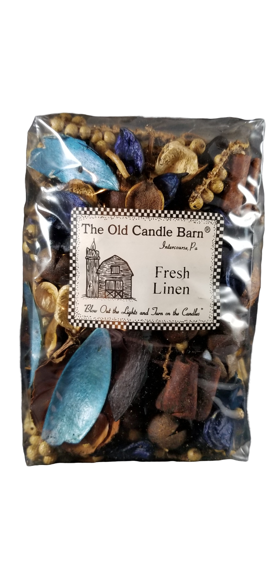 Old Candle Barn bag of potpourri with Fresh Linen scent containing dried botanicals in clear plastic packaging