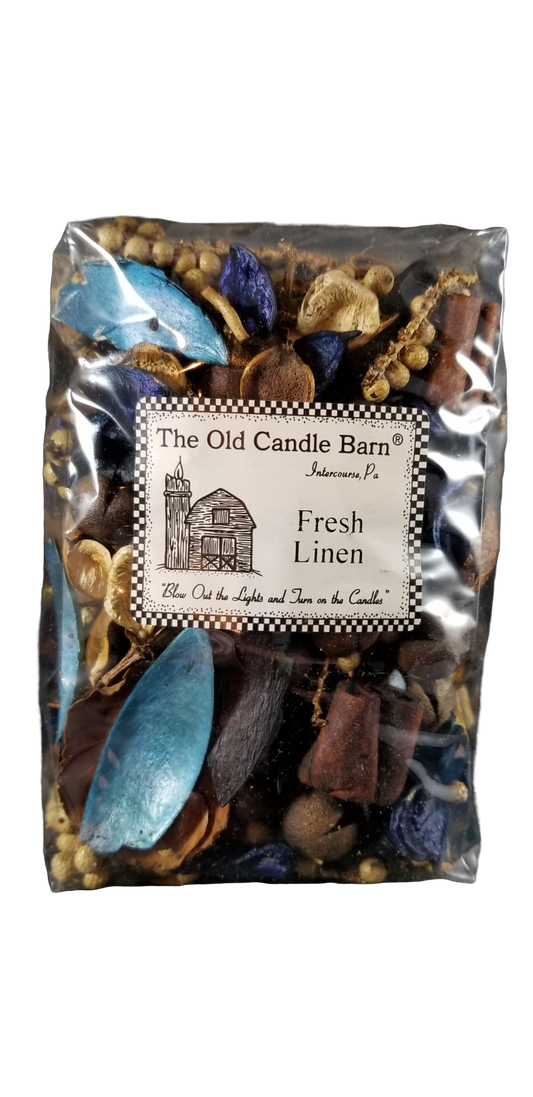 Old Candle Barn bag of potpourri with Fresh Linen scent containing dried botanicals in clear plastic packaging