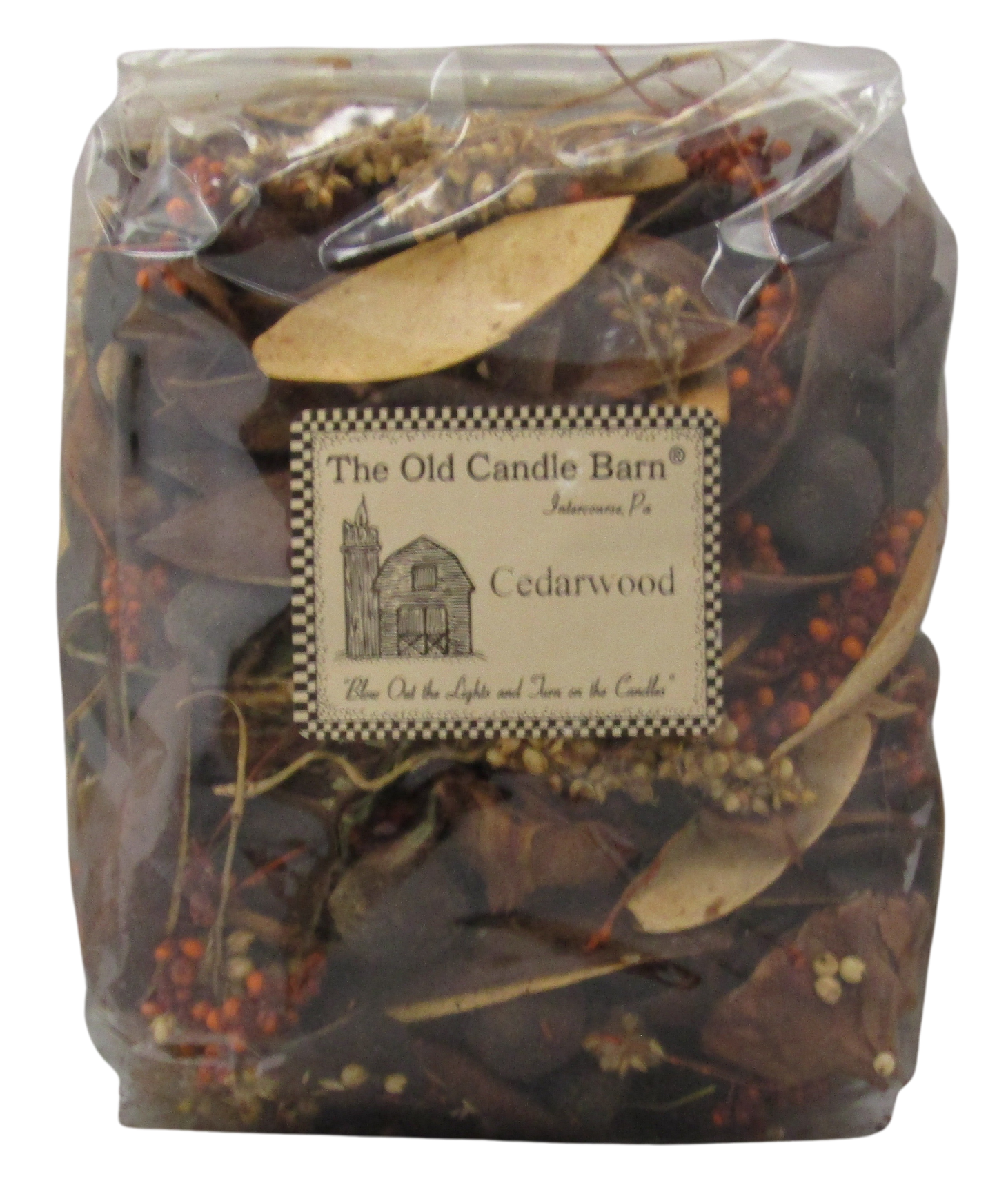 Old Candle Barn cedarwood potpourri bowl filler with dried natural botanicals in a clear plastic bag