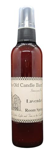Old Candle Barn lavender room spray in a brown bottle with a clear spray top for home fragrance