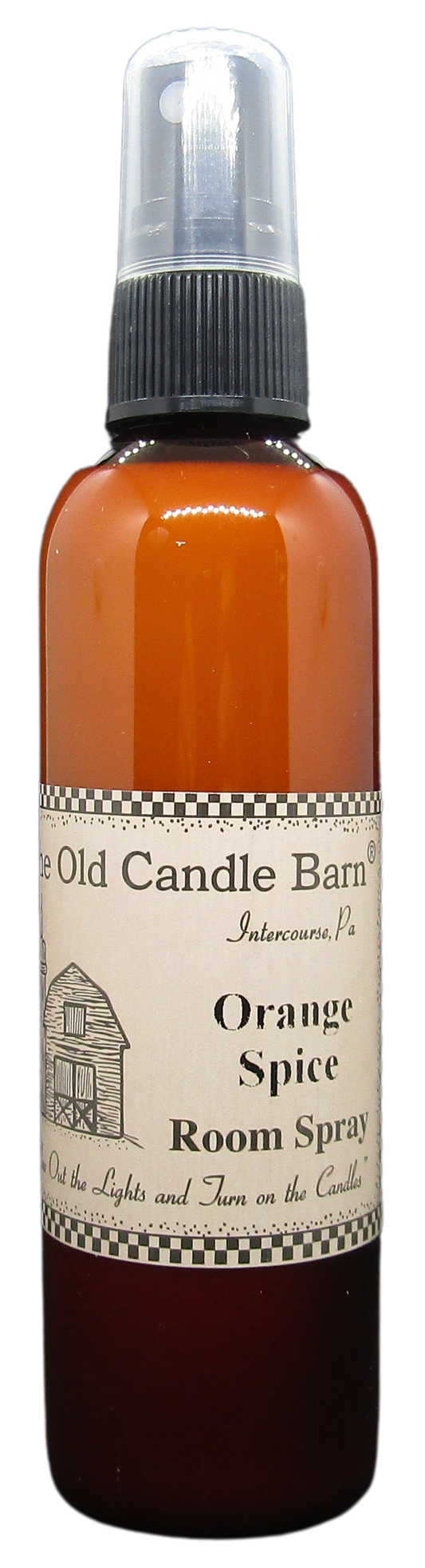 Old Candle Barn orange spice room spray amber bottle with black spray top and vintage label