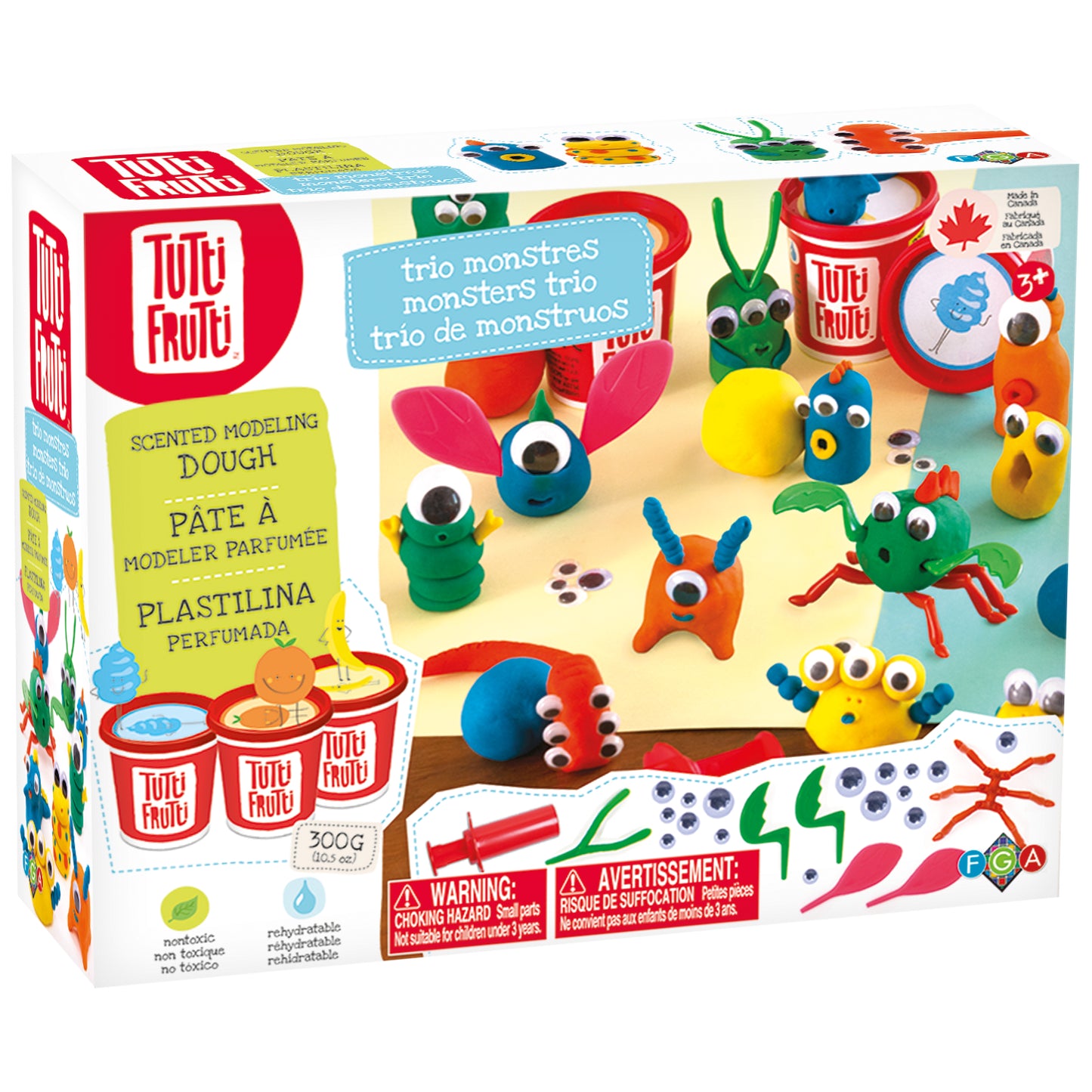 Tutti Frutti blendable dough Monster Trio scented modeling dough set by Family Games America with monster-shaped creations