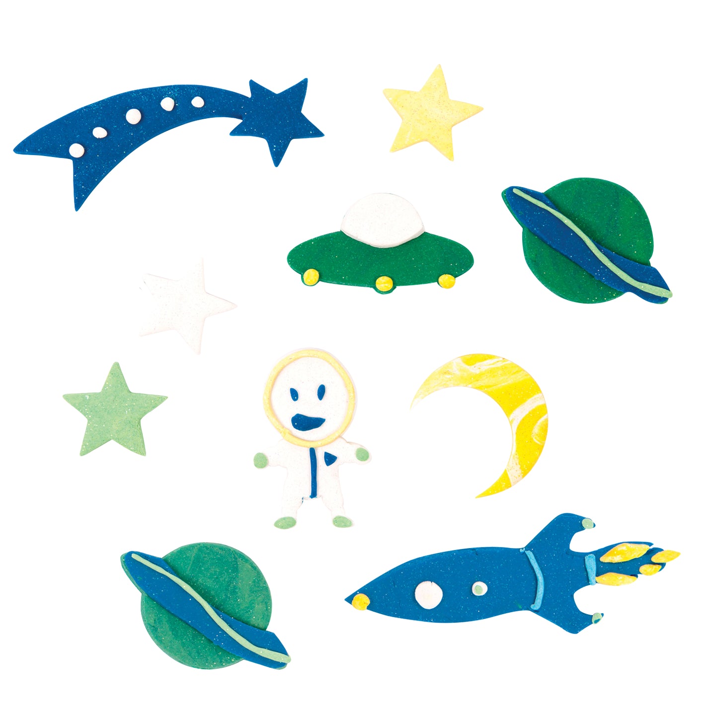 Family Games America scented modeling dough kit with space-themed shapes including rocket, planets, stars, moon, spaceship, and astronaut