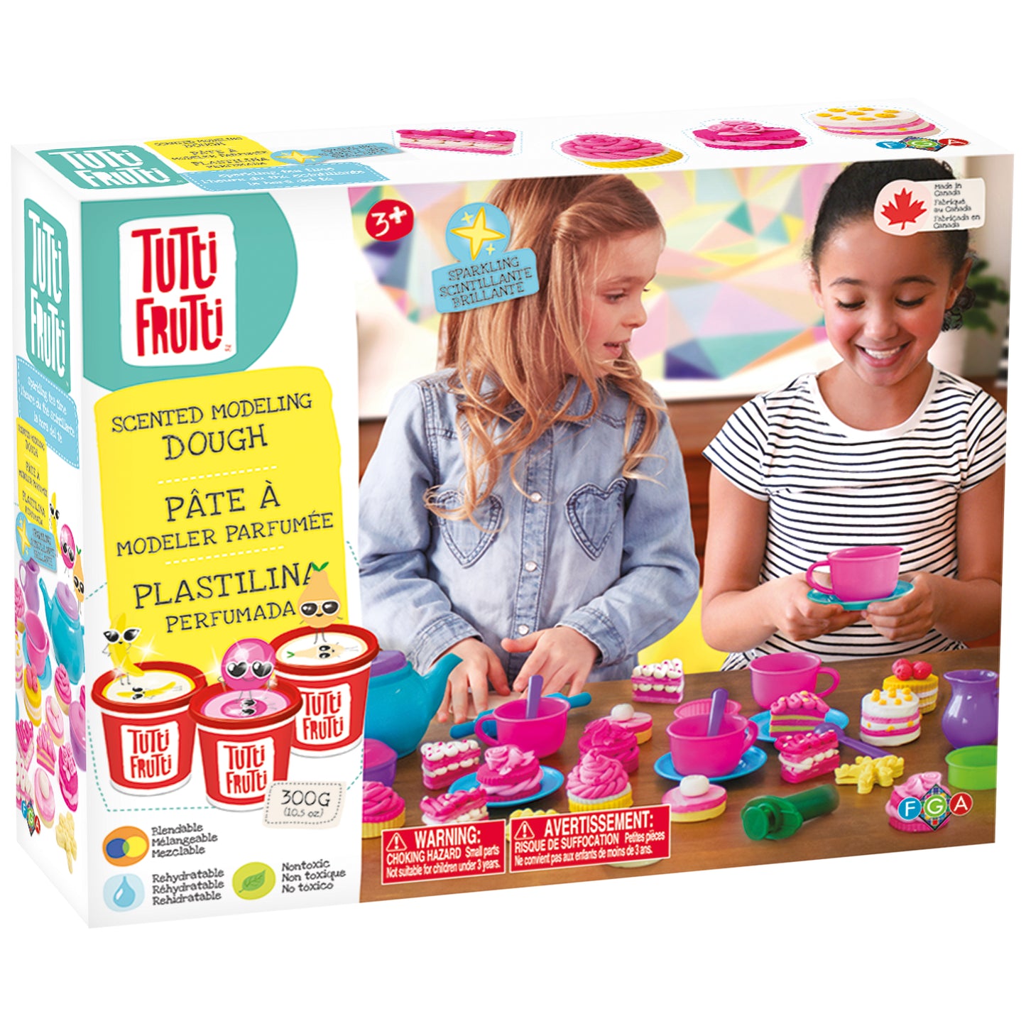 Kids playing with Tutti Frutti Sparkling Tea Time set scented modeling dough tea party accessories