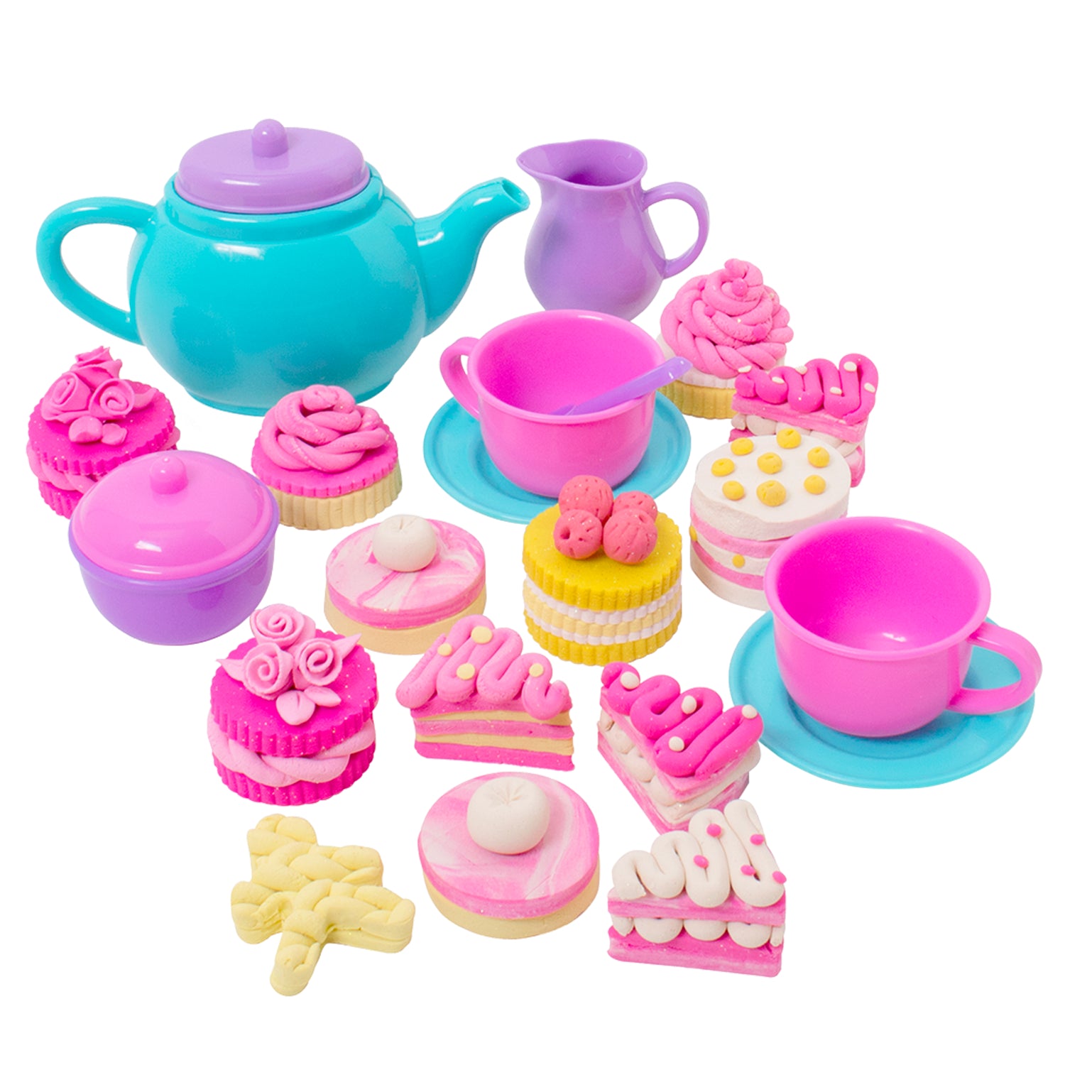 Family Games America Tutti Frutti Sparkling Tea Time set toy tea set with teal teapot pink cups saucers pitcher and desserts
