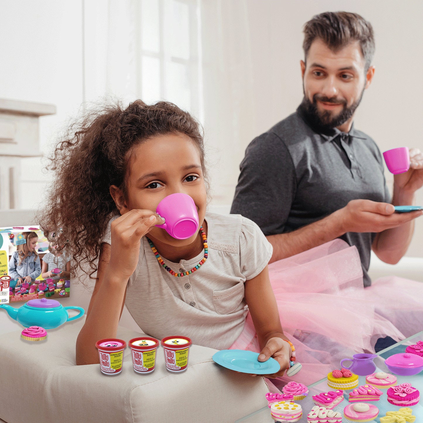 Tutti Frutti Sparkling Tea Time set pretend tea party toy with child and father playing colorful cups and desserts