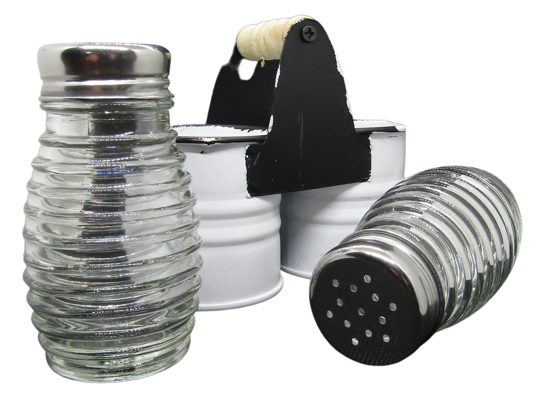 glass behive salt and pepper farmhouse shakes with white tin caddy