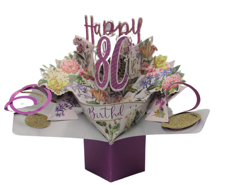 Intricate pop up card birthday card with floral design celebrating a happy 80th birthday