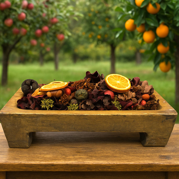 Handcrafted potpourri with dried orange slices and natural elements in wooden tray outdoors