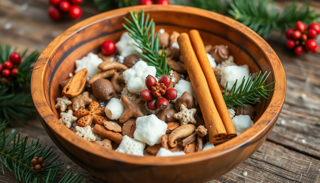 christmas themed potpourri in a wooden bowl with pine and cinnamon elements