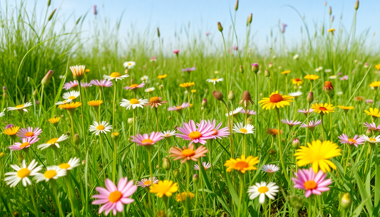 Spring meadow with a bunch of various flowers
