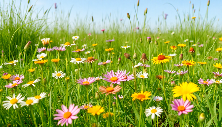 Spring meadow with a bunch of various flowers