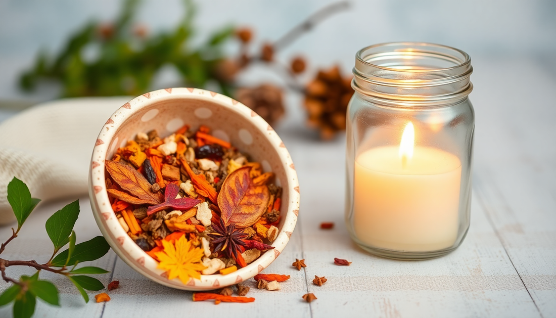 Potpourri in a bowl and alongside a mason jar candle