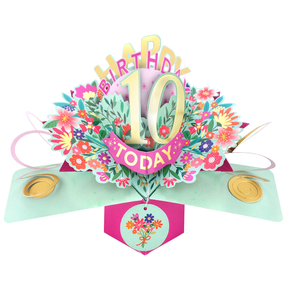 Love Kate's pop up birthday card with colorful flowers and 10 today message