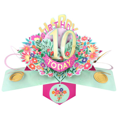Love Kate's pop up birthday card with colorful flowers and 10 today message