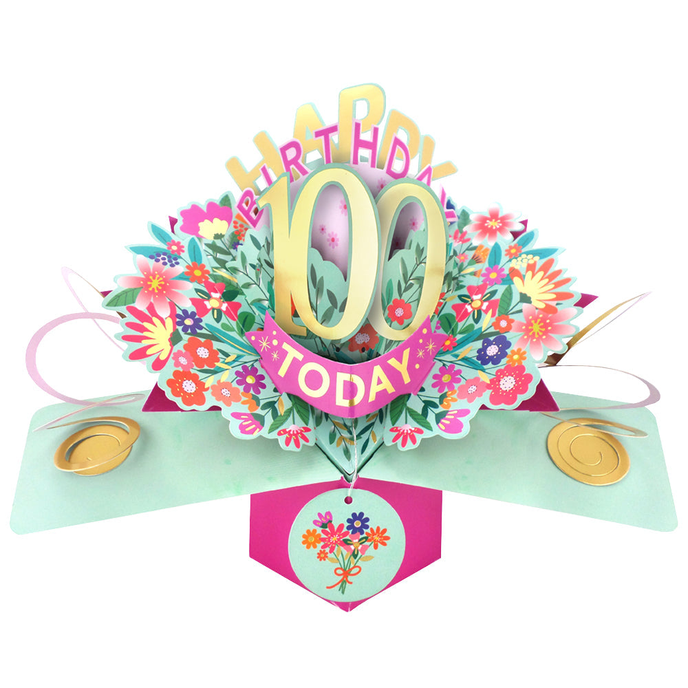 Love Kate's 100th birthday card pop up with colorful flowers and decorative gold accents